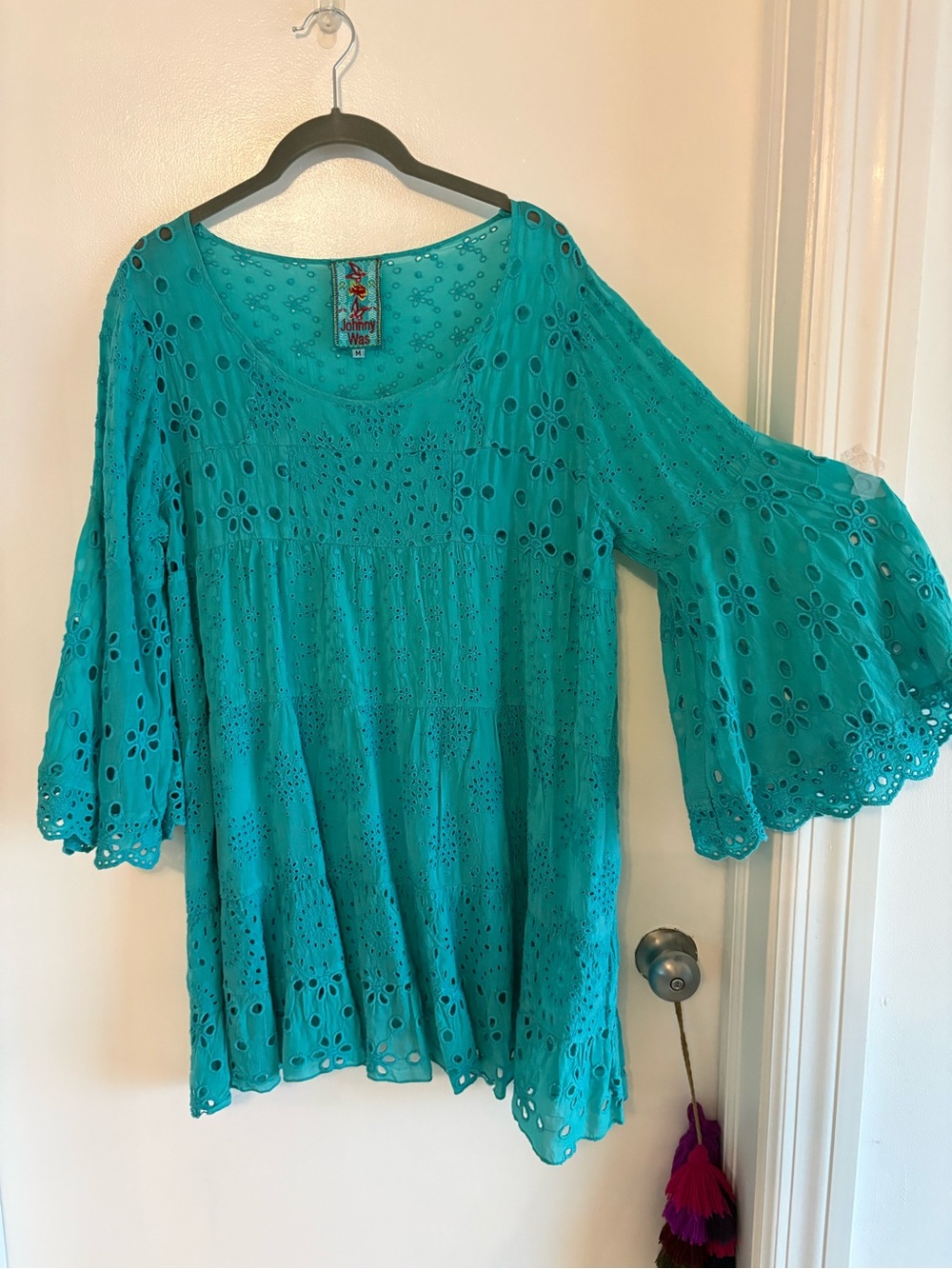 JOHNNY WAS Turquoise Floral Eyelet Bell Sleeve Tiered Tunic or Dress! Relax fit